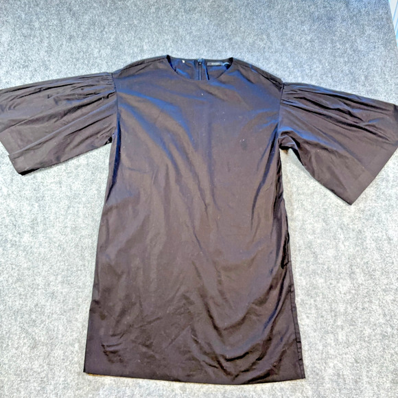 Natori Black Poplin Mini Dress S Balloon Sleeves Sleek Cotton Blend Designer - Picture 1 of 8